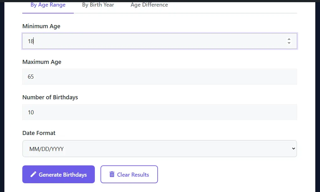 Random birthday generator by age range
