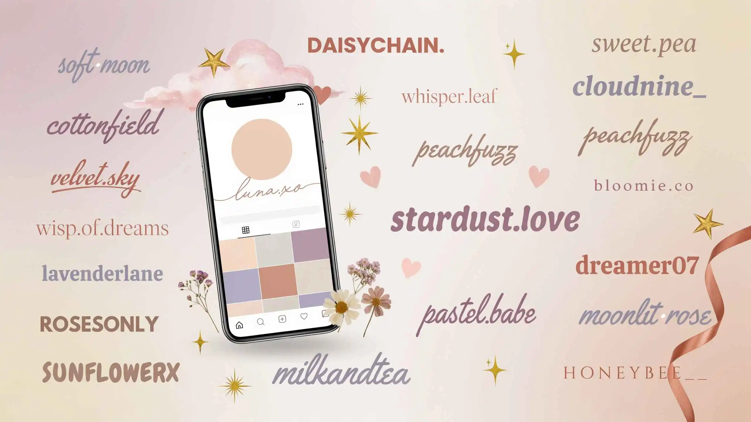 Aesthetic usernames for Instagram collage with 20 stylish name examples on pastel background